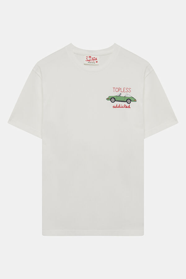 Relax Kalıp Beyaz Bisiklet Yaka Baskılı Erkek T-Shirt
