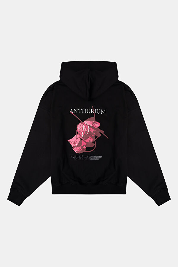 Anthurium Siyah Relax Kalıp Kapüşonlu Erkek Sweatshirt 2