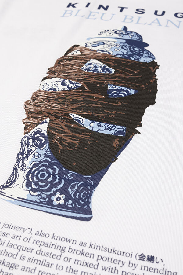 Kintsugi Relax Kalıp Beyaz Bisiklet Yaka Baskılı Erkek T-Shirt 5