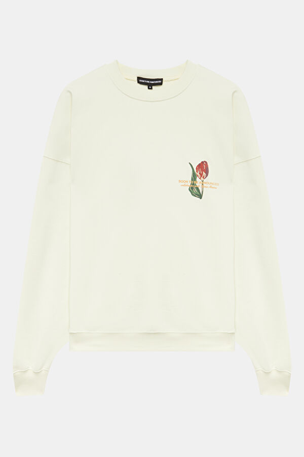Liliaceae Ekru Relax Kalıp Bisiklet Yaka Erkek Sweatshirt