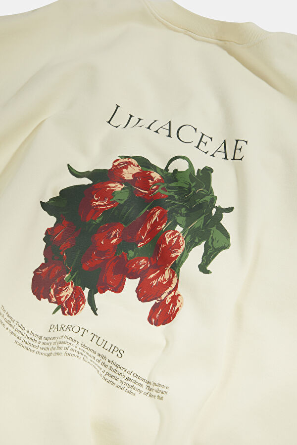 Liliaceae Ekru Relax Kalıp Bisiklet Yaka Erkek Sweatshirt 5