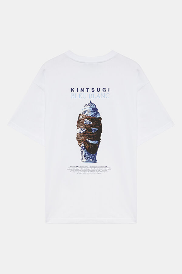 Kintsugi Relax Kalıp Beyaz Bisiklet Yaka Baskılı Erkek T-Shirt 2