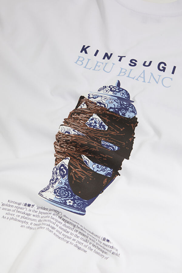 Kintsugi Relax Kalıp Beyaz Bisiklet Yaka Baskılı Erkek T-Shirt 4