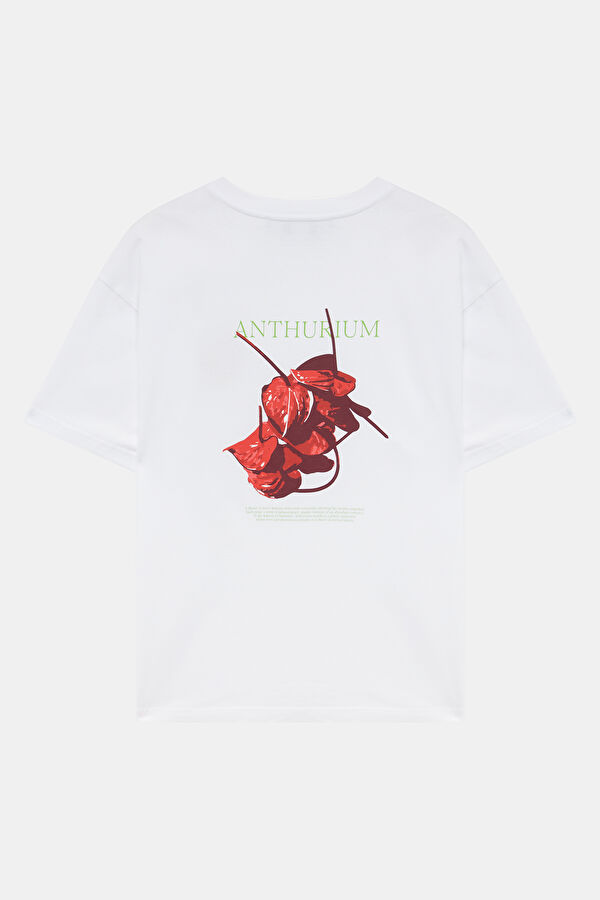 Relax Kalıp Beyaz Bisiklet Yaka Baskılı T-Shirt 2