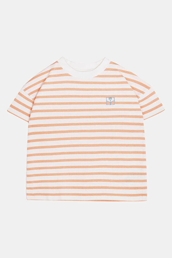 Turuncu O Yaka Çizgili Desenli Çocuk T-Shirt