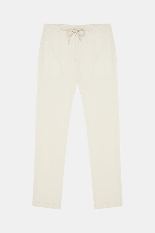 Off-white, straight-leg linen/viscose men's trousers.