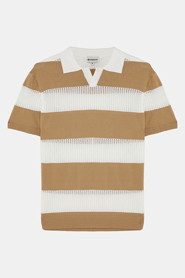 Off-white polo shirt with striped pattern for men.