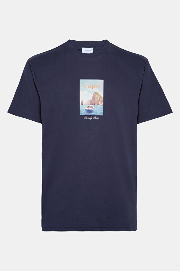 Relax Kalıp Lacivert Bisiklet Yaka Baskılı Erkek T-Shirt