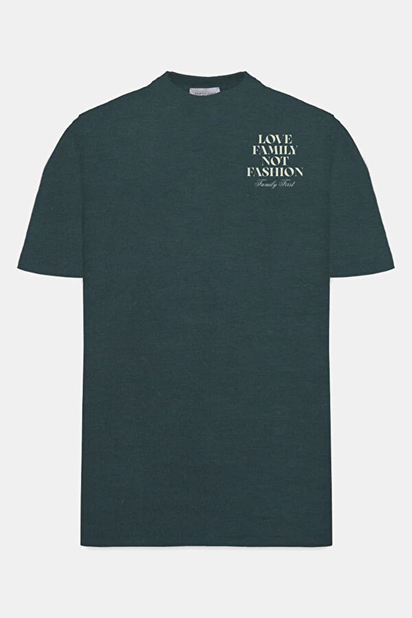 Relax Kalıp Koyu Yeşil Bisiklet Yaka Baskılı Erkek T-Shirt