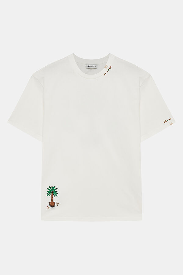 Ekru Bisiklet Yaka Baskılı T-Shirt