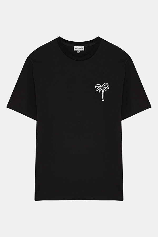Siyah Bisiklet Yaka Nakışlı T-Shirt