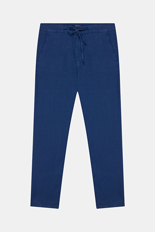 Relax Fit Navy Blue Straight Leg Linen Men's Trousers 3