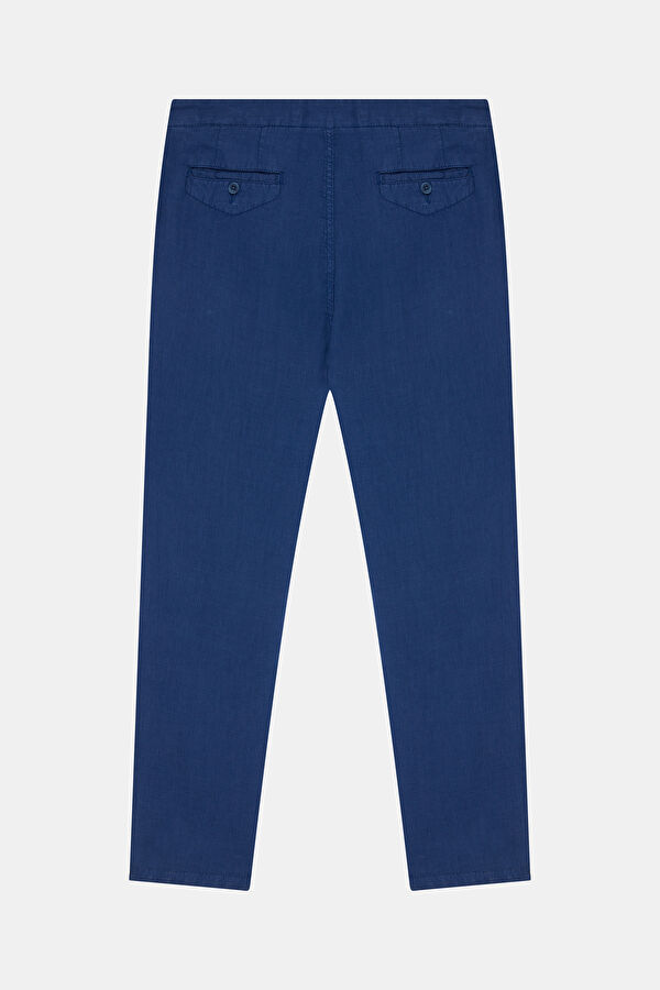 Relax Fit Navy Blue Straight Leg Linen Men's Trousers 4