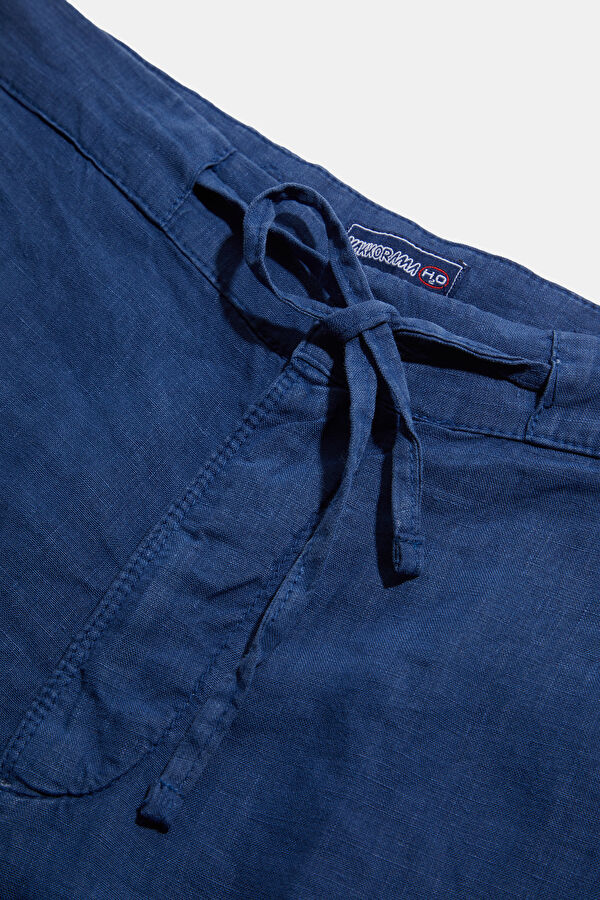 Relax Fit Navy Blue Straight Leg Linen Men's Trousers 5