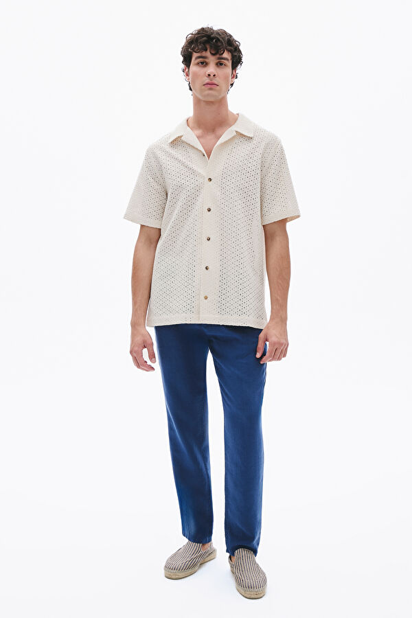 Relax Fit Navy Blue Straight Leg Linen Men's Trousers