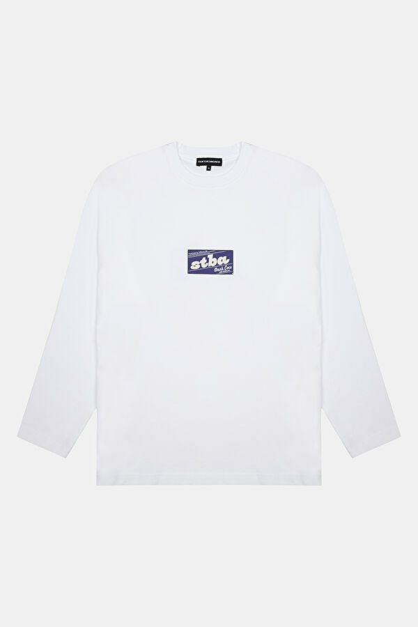 Beyaz Relax Kalıp Bisiklet Yaka Erkek Sweatshirt