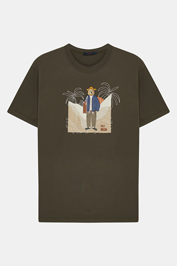 Relax Pattern Khaki Crew Neck Printed T-Shirt
