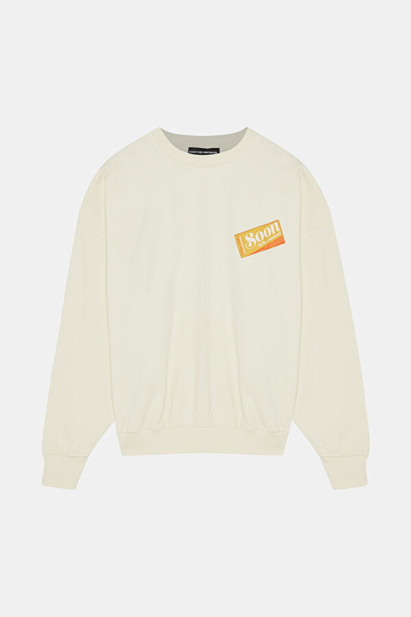 Ekru Relax Kalıp Bisiklet Yaka Erkek Sweatshirt