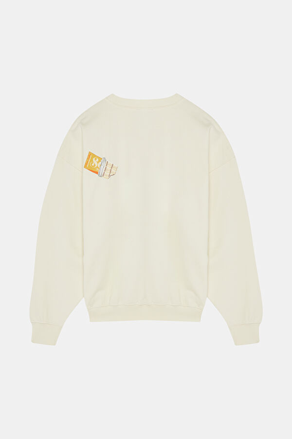 Ekru Relax Kalıp Bisiklet Yaka Erkek Sweatshirt 2