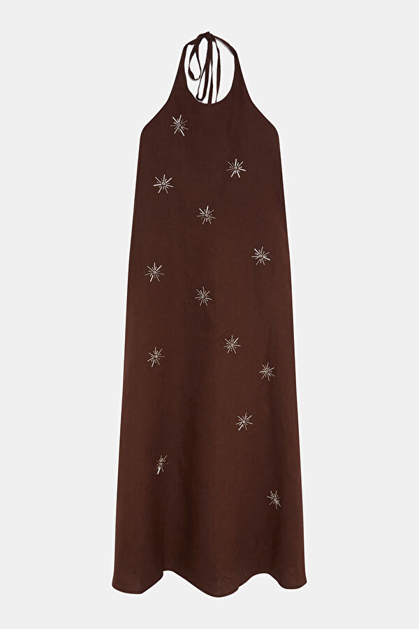 Coffee Brown Linen Embroidered Women's Dress 4
