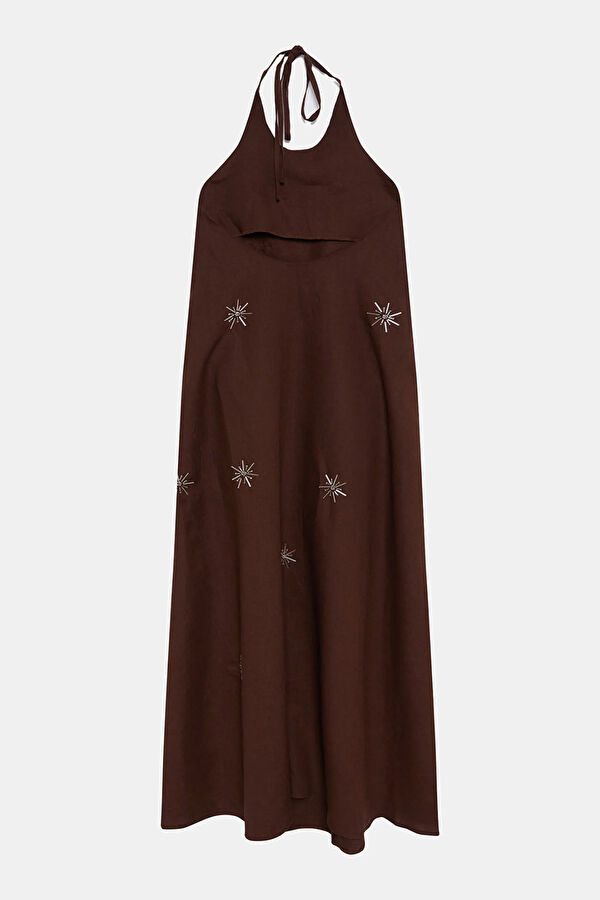 Coffee Brown Linen Embroidered Women's Dress 5