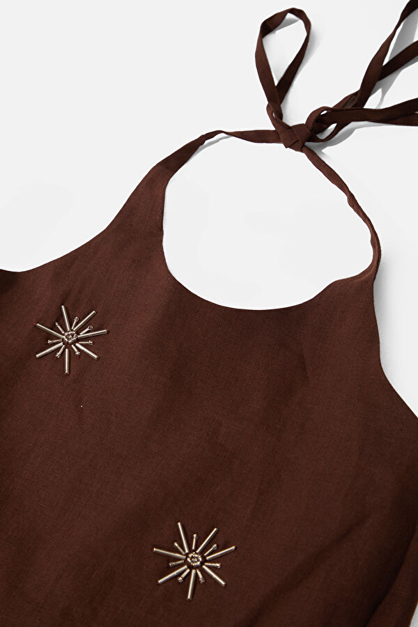 Coffee Brown Linen Embroidered Women's Dress 6