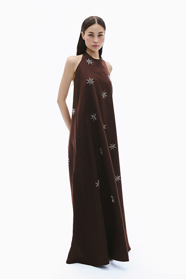 Coffee Brown Linen Embroidered Women's Dress