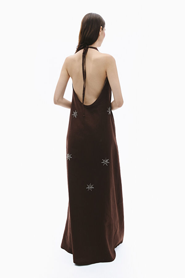 Coffee Brown Linen Embroidered Women's Dress 2