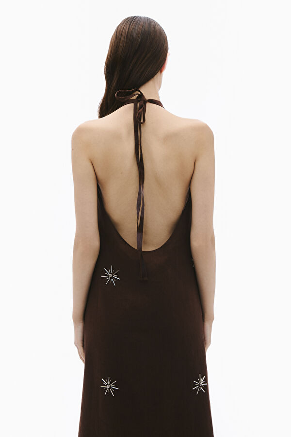 Coffee Brown Linen Embroidered Women's Dress 3