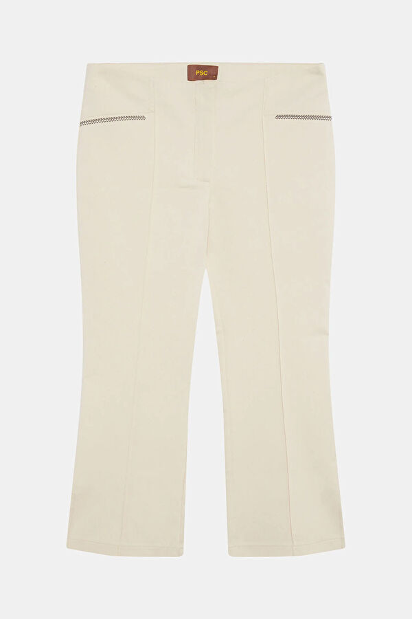 Beige Straight Leg Cotton Elastane Women's Trousers