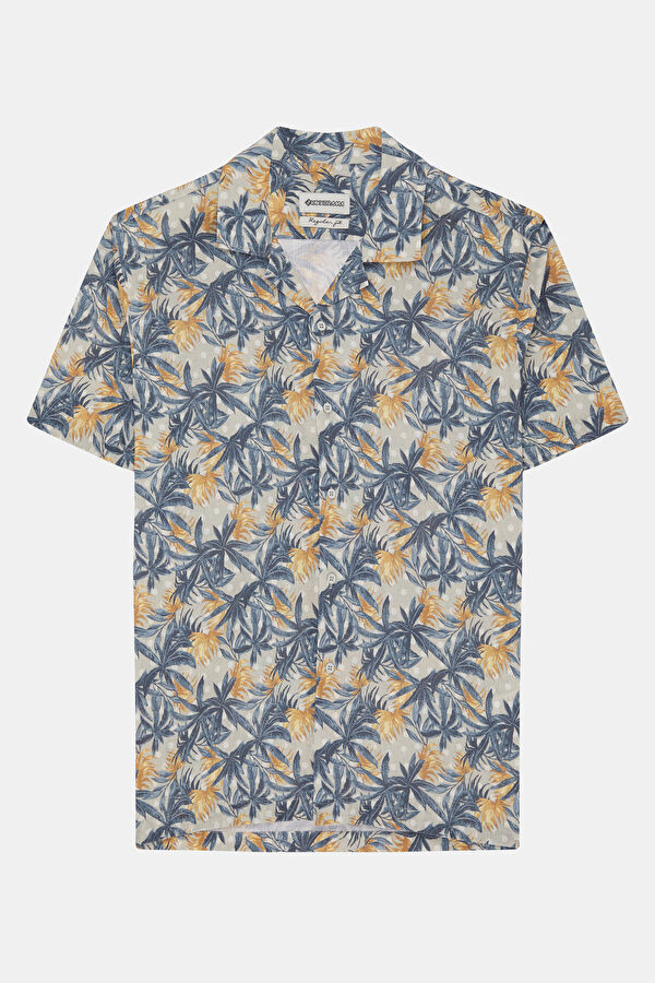 Multicolored Linen Patterned Resort Collar Men's Shirt