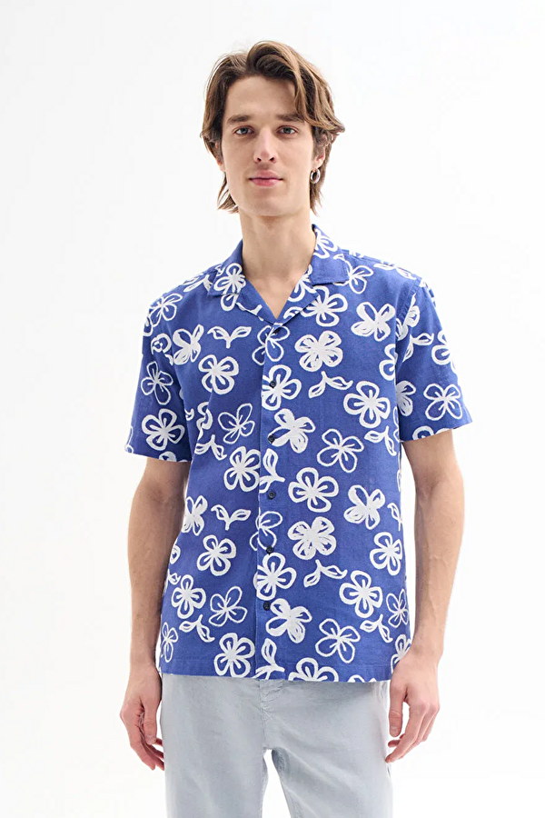 Indigo Patterned Resort Collar Men's Shirt