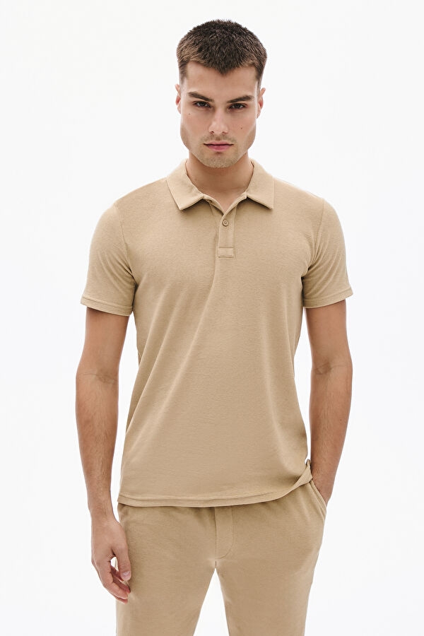 Relax Kalıp Bej Polo Yaka Erkek T-Shirt