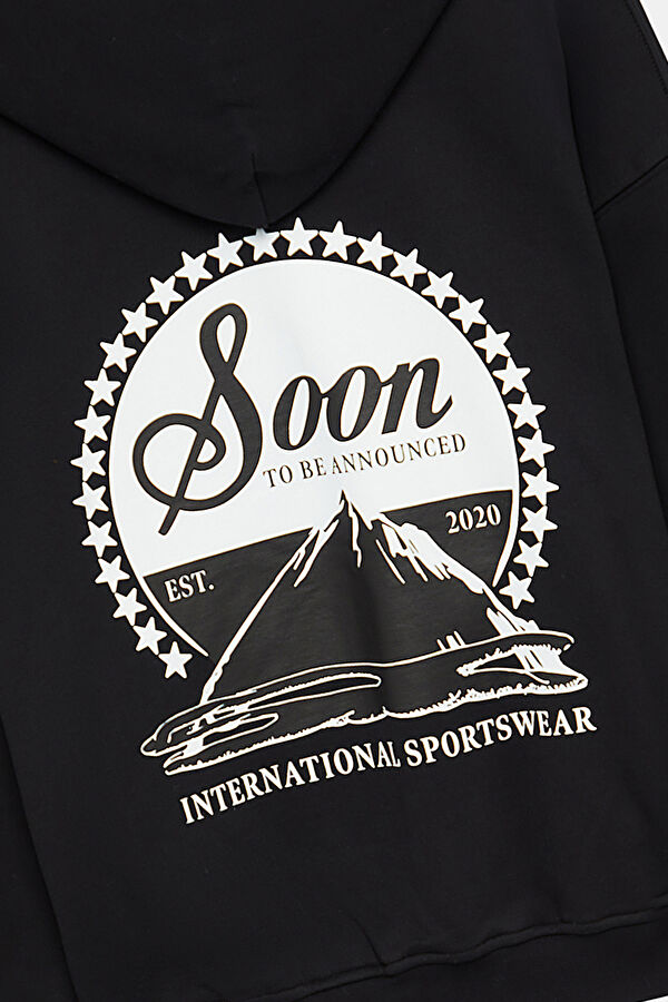 Siyah Relax Kalıp Kapüşonlu Erkek Sweatshirt 3