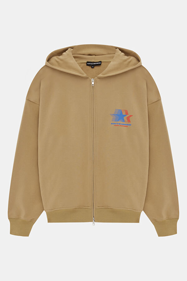 Bej Relax Kalıp Kapüşonlu Erkek Sweatshirt