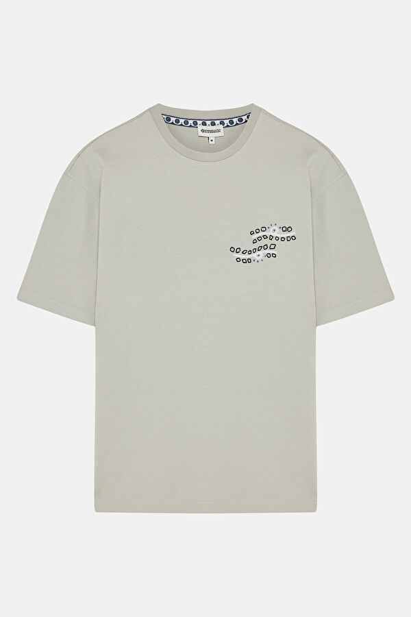 Light Grey Crew Neck Embroidered Men's T-Shirt