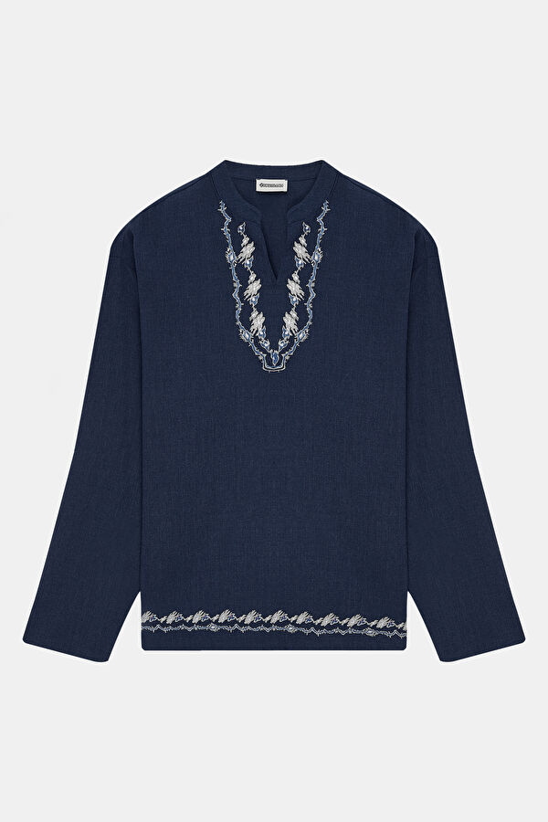 Indigo Embroidered Mandarin Collar Men's Shirt 3