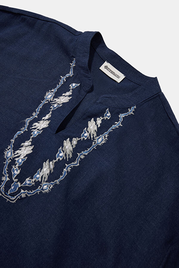 Indigo Embroidered Mandarin Collar Men's Shirt 5