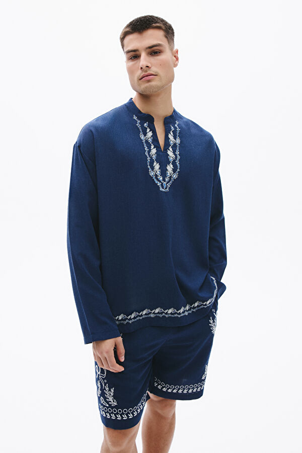 Indigo Embroidered Mandarin Collar Men's Shirt