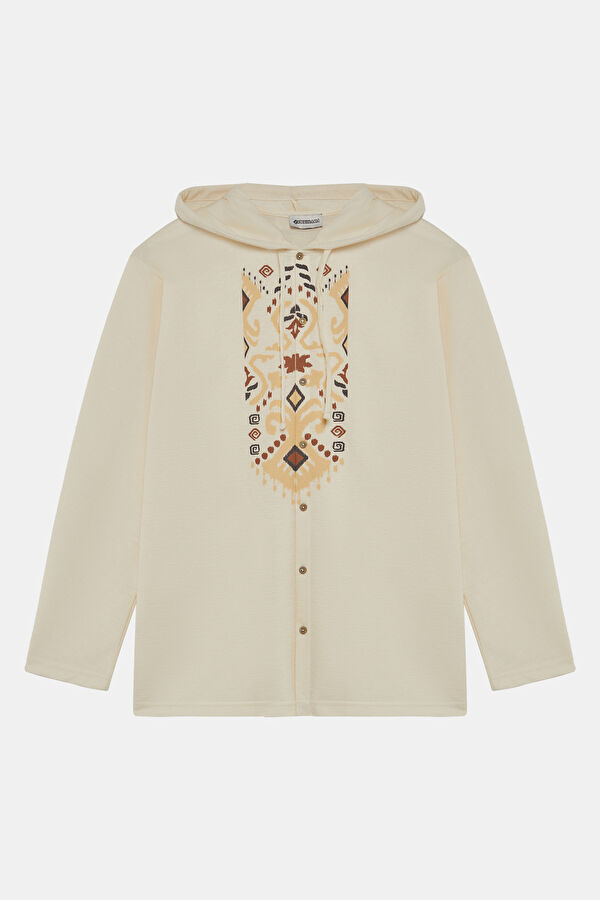 Ecru Printed Hooded Shirt