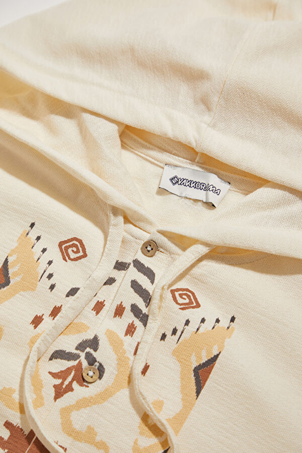 Ecru Printed Hooded Shirt 3