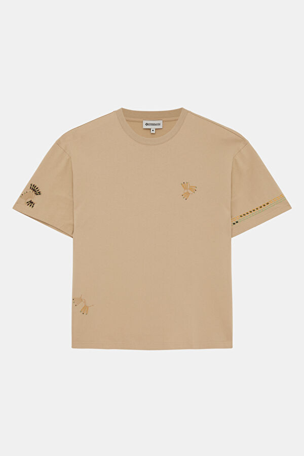 Beige Crew Neck Embroidered Men's T-Shirt