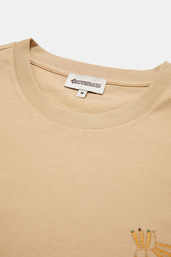 Beige Crew Neck Embroidered Men's T-Shirt 3