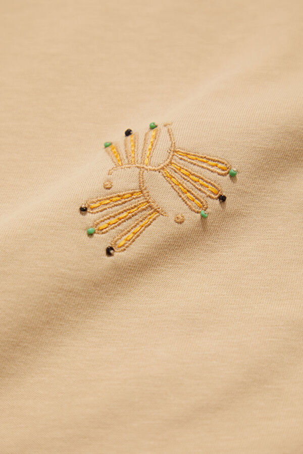 Beige Crew Neck Embroidered Men's T-Shirt 4