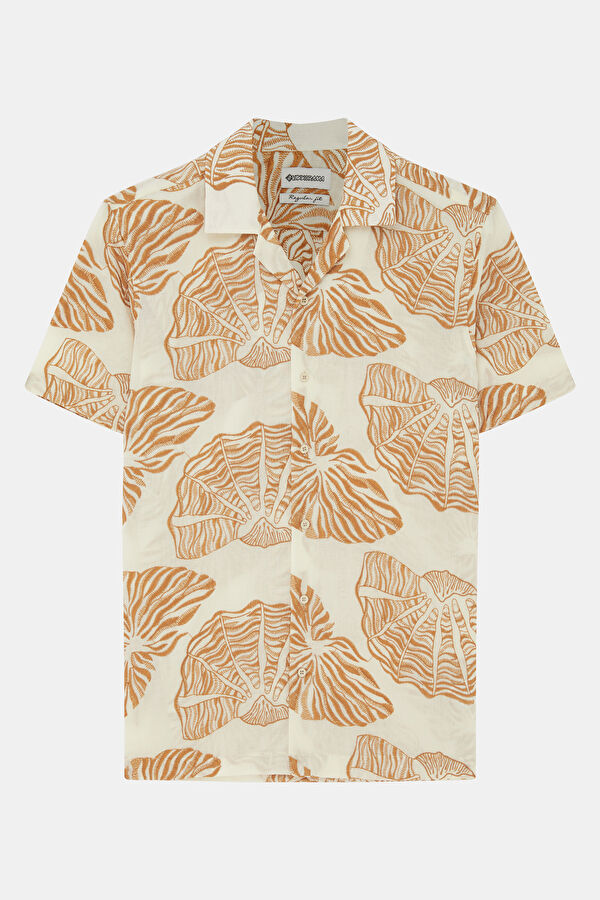 Beige Patterned Resort Collar Men's Shirt 5
