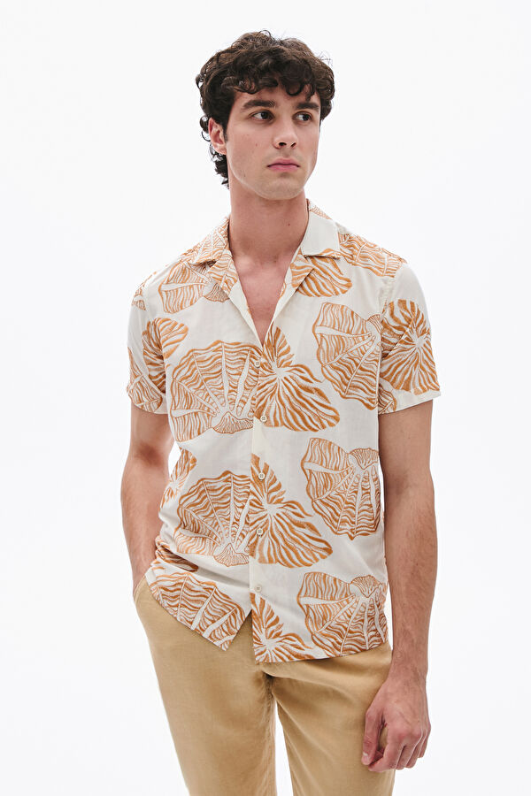 Beige Patterned Resort Collar Men's Shirt