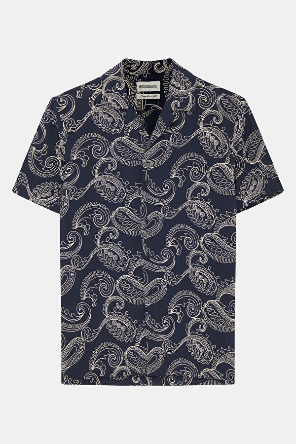 Navy Blue Patterned Resort Collar Men's Shirt