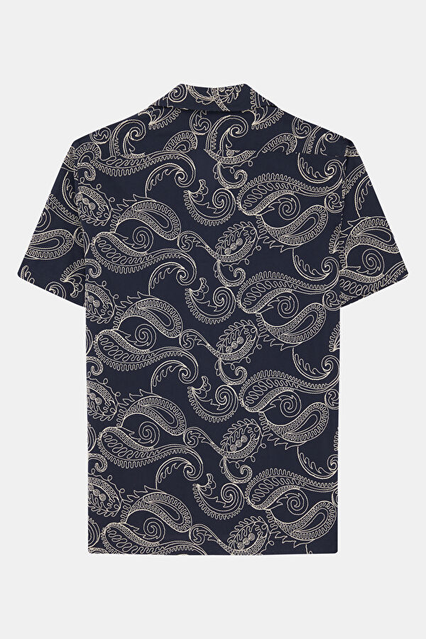 Navy Blue Patterned Resort Collar Men's Shirt 2