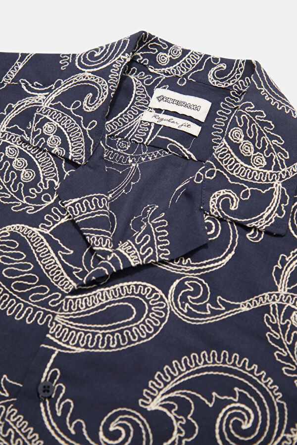 Navy Blue Patterned Resort Collar Men's Shirt 3