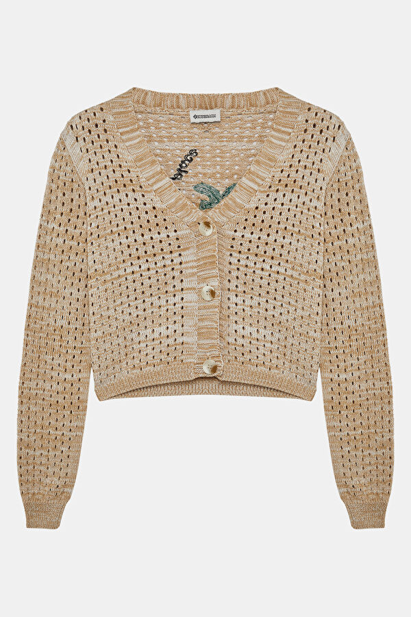 Coffee Knitted Patterned Women's Cardigan